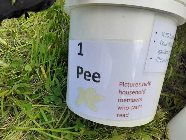Example of labelling the pee bucket